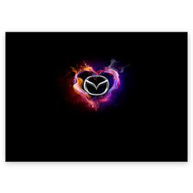 Поздравительная открытка с принтом Mazda в Санкт-Петербурге, 100% бумага | плотность бумаги 280 г/м2, матовая, на обратной стороне линовка и место для марки
 | love mazda | mazda | mazda в сердце | mazda лого | mazda марка | mazda эмблема | горящее сердце | значок mazda | лого авто | лого автомобиля | логотип mazda | логотип мазда | люблю мазду | мазда | мазда значок | мазда лого