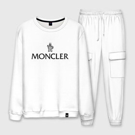 Мужской костюм хлопок с принтом MONCLER в Санкт-Петербурге, 100% хлопок | на свитшоте круглая горловина, мягкая резинка по низу. Брюки заужены к низу, на них два вида карманов: два “обычных” по бокам и два объемных, с клапанами, расположенные ниже линии бедра. Брюки с мягкой трикотажной резинкой на поясе и по низу штанин. В поясе для дополнительного комфорта — широкие завязки | Тематика изображения на принте: mancler | mankler | moncler | monkler | манклер | мода | монклер | тренд | хайповый | шмот