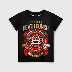 Детская футболка 3D с принтом Five Finger Death Punch в Санкт-Петербурге, 100% гипоаллергенный полиэфир | прямой крой, круглый вырез горловины, длина до линии бедер, чуть спущенное плечо, ткань немного тянется | Тематика изображения на принте: 5fdp | ffdp | five finger death punch | metal | группы | метал | музыка | рок