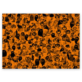 Поздравительная открытка с принтом Halloween в Санкт-Петербурге, 100% бумага | плотность бумаги 280 г/м2, матовая, на обратной стороне линовка и место для марки
 | ведьма | кот | паттерн | паутина | привидение | призрак | скелет | тыква