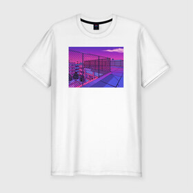 Мужская футболка хлопок Slim с принтом NFRNS -такты в Санкт-Петербурге, 92% хлопок, 8% лайкра | приталенный силуэт, круглый вырез ворота, длина до линии бедра, короткий рукав | графика | игра | компьютерная графика | неон | пейзаж | пиксели | пиксельный пейзаж | фиолетовый