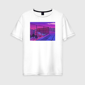 Женская футболка хлопок Oversize с принтом NFRNS -такты в Санкт-Петербурге, 100% хлопок | свободный крой, круглый ворот, спущенный рукав, длина до линии бедер
 | Тематика изображения на принте: графика | игра | компьютерная графика | неон | пейзаж | пиксели | пиксельный пейзаж | фиолетовый