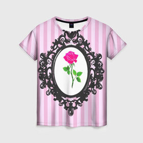 Женская футболка 3D с принтом Роза в рамке в Санкт-Петербурге, 100% полиэфир ( синтетическое хлопкоподобное полотно) | прямой крой, круглый вырез горловины, длина до линии бедер | классика | полоска | рамка | роза | розовый | черный