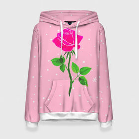 Женская толстовка 3D с принтом Роза на розовом в Санкт-Петербурге, 100% полиэстер  | двухслойный капюшон со шнурком для регулировки, мягкие манжеты на рукавах и по низу толстовки, спереди карман-кенгуру с мягким внутренним слоем. | женственно | красота | роза | розовый | снежинки | фуксия | цветок | шик