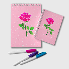 Блокнот с принтом Роза на розовом в Санкт-Петербурге, 100% бумага | 48 листов, плотность листов — 60 г/м2, плотность картонной обложки — 250 г/м2. Листы скреплены удобной пружинной спиралью. Цвет линий — светло-серый
 | женственно | красота | роза | розовый | снежинки | фуксия | цветок | шик