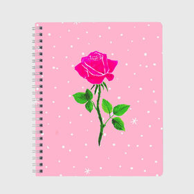 Тетрадь с принтом Роза на розовом в Санкт-Петербурге, 100% бумага | 48 листов, плотность листов — 60 г/м2, плотность картонной обложки — 250 г/м2. Листы скреплены сбоку удобной пружинной спиралью. Уголки страниц и обложки скругленные. Цвет линий — светло-серый
 | женственно | красота | роза | розовый | снежинки | фуксия | цветок | шик