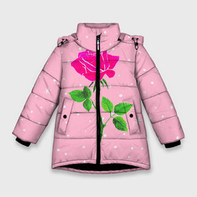 Зимняя куртка для девочек 3D с принтом Роза на розовом в Санкт-Петербурге, ткань верха — 100% полиэстер; подклад — 100% полиэстер, утеплитель — 100% полиэстер. | длина ниже бедра, удлиненная спинка, воротник стойка и отстегивающийся капюшон. Есть боковые карманы с листочкой на кнопках, утяжки по низу изделия и внутренний карман на молнии. 

Предусмотрены светоотражающий принт на спинке, радужный светоотражающий элемент на пуллере молнии и на резинке для утяжки. | женственно | красота | роза | розовый | снежинки | фуксия | цветок | шик
