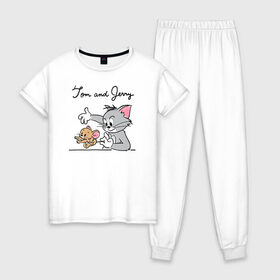 Женская пижама хлопок с принтом Tom and Jerry в Санкт-Петербурге, 100% хлопок | брюки и футболка прямого кроя, без карманов, на брюках мягкая резинка на поясе и по низу штанин | tom  jerry | tom and jerry | vdzabma | джерри | том | том  джерри | том и джерри