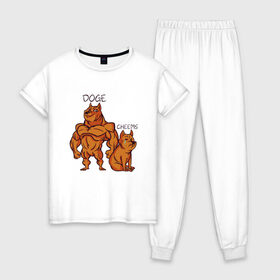 Женская пижама хлопок с принтом Качок Доге и маленький Чимс в Санкт-Петербурге, 100% хлопок | брюки и футболка прямого кроя, без карманов, на брюках мягкая резинка на поясе и по низу штанин | Тематика изображения на принте: bodybuilder | cheems | chims | cool | cry | crying | doge | japan | japanese | little | meme | memes | power | powerful | shiba inu | small | крутой | мемас | мемчик | накаченный | песель | песик | плакса | плачет | порода | сиба ину | собак