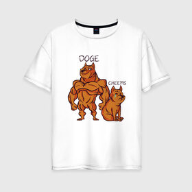 Женская футболка хлопок Oversize с принтом Качок Доге и маленький Чимс в Санкт-Петербурге, 100% хлопок | свободный крой, круглый ворот, спущенный рукав, длина до линии бедер
 | bodybuilder | cheems | chims | cool | cry | crying | doge | japan | japanese | little | meme | memes | power | powerful | shiba inu | small | крутой | мемас | мемчик | накаченный | песель | песик | плакса | плачет | порода | сиба ину | собак