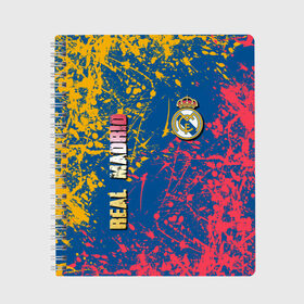Тетрадь с принтом Real Madrid в Санкт-Петербурге, 100% бумага | 48 листов, плотность листов — 60 г/м2, плотность картонной обложки — 250 г/м2. Листы скреплены сбоку удобной пружинной спиралью. Уголки страниц и обложки скругленные. Цвет линий — светло-серый
 | Тематика изображения на принте: football club | futbol club | real | real madrid | real madrid club | люблю футбол | реал | реал мадрид | сантьяго бернабеу | сливочные | фанат | фк реал мадрид | форма | форма игроков | футбол | футбольный клуб