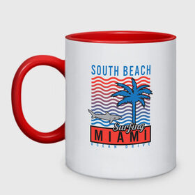 Кружка двухцветная с принтом Miami South Beach в Санкт-Петербурге, керамика | объем — 330 мл, диаметр — 80 мм. Цветная ручка и кайма сверху, в некоторых цветах — вся внутренняя часть | beach | miami | акула | майами | майями | маями | море | океан | отдых | пальма | пляж | юг