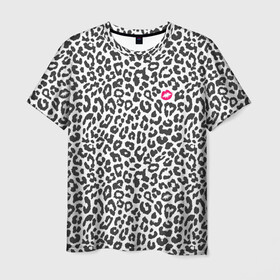 Мужская футболка 3D с принтом Kiss в Санкт-Петербурге, 100% полиэфир | прямой крой, круглый вырез горловины, длина до линии бедер | art | background | kiss | leopard | lips | spots | texture | арт | губы | леопард | поцелуй | пятна | текстура | фон