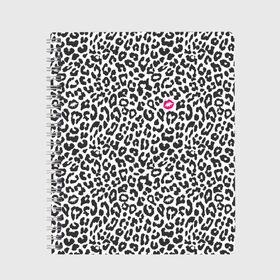Тетрадь с принтом Kiss в Санкт-Петербурге, 100% бумага | 48 листов, плотность листов — 60 г/м2, плотность картонной обложки — 250 г/м2. Листы скреплены сбоку удобной пружинной спиралью. Уголки страниц и обложки скругленные. Цвет линий — светло-серый
 | Тематика изображения на принте: art | background | kiss | leopard | lips | spots | texture | арт | губы | леопард | поцелуй | пятна | текстура | фон