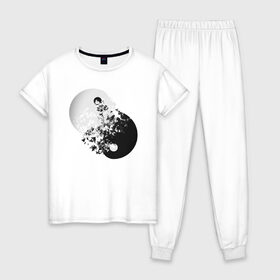 Женская пижама хлопок с принтом Инь Янь Yin Yang в Санкт-Петербурге, 100% хлопок | брюки и футболка прямого кроя, без карманов, на брюках мягкая резинка на поясе и по низу штанин | 