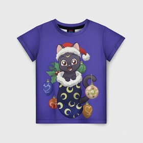 Детская футболка 3D с принтом Luna Happy New Year в Санкт-Петербурге, 100% гипоаллергенный полиэфир | прямой крой, круглый вырез горловины, длина до линии бедер, чуть спущенное плечо, ткань немного тянется | Тематика изображения на принте: 2021 | cat | catmas | christmas | happy new year | merry christmas | new year | аниме | кот | котейка | котики | луна | манга | новый год | праздник | рождество | сейлормун