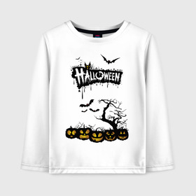 Детский лонгслив хлопок с принтом HALLOWEEN в Санкт-Петербурге, 100% хлопок | круглый вырез горловины, полуприлегающий силуэт, длина до линии бедер | bones | ghost | halloween | pumpkin | skull | кости | летучие мыши | приведение | призрак | скелет | тыква | хеллоуин | хоррор | хэллоуин
