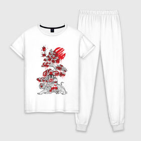Женская пижама хлопок с принтом Япония в Санкт-Петербурге, 100% хлопок | брюки и футболка прямого кроя, без карманов, на брюках мягкая резинка на поясе и по низу штанин | japan | tiger | азия | буддизм | дерево | иероглиф | иероглифы | император | кимоно | краска | рисунок | сакура | самурай | солнце | терракота | тигр | хищник | япония | японский воин