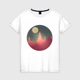 Женская футболка хлопок с принтом Полнолуние в Санкт-Петербурге, 100% хлопок | прямой крой, круглый вырез горловины, длина до линии бедер, слегка спущенное плечо | forest | full moon | moon | mountain | nature | night | stars | гора | горы | деревья | звезды | лес | луна | луная ночь | лунная ночь | ночь | пейзаж | полная луна | полнолуние | природа | рисунок