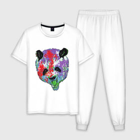 Мужская пижама хлопок с принтом Панда в Санкт-Петербурге, 100% хлопок | брюки и футболка прямого кроя, без карманов, на брюках мягкая резинка на поясе и по низу штанин
 | animal | animals | australia | bear | paint | panda | panda bear | австралия | голова | голова панды | животное | зубы | клыки | краска | краски | медведь | медведь панда | панда | пандочка | природа | рисунок