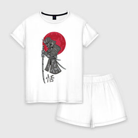 Женская пижама с шортиками хлопок с принтом Самурай в Санкт-Петербурге, 100% хлопок | футболка прямого кроя, шорты свободные с широкой мягкой резинкой | japan | katana | moon | samurai | воин | воин самурай | доспехи | доспехи самурая | иероглиф | иероглифы | ироглиф | катана | луна | меч | нагабакама | рисунок | самурай | самурайское кимоно | солнце | хакама