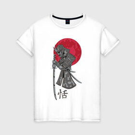 Женская футболка хлопок с принтом Самурай в Санкт-Петербурге, 100% хлопок | прямой крой, круглый вырез горловины, длина до линии бедер, слегка спущенное плечо | japan | katana | moon | samurai | воин | воин самурай | доспехи | доспехи самурая | иероглиф | иероглифы | ироглиф | катана | луна | меч | нагабакама | рисунок | самурай | самурайское кимоно | солнце | хакама