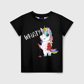Детская футболка 3D с принтом What Unicorn в Санкт-Петербурге, 100% гипоаллергенный полиэфир | прямой крой, круглый вырез горловины, длина до линии бедер, чуть спущенное плечо, ткань немного тянется | cat | halloween | rainbow | unicorn | what | единорог | единорожек | кот | нож | пушистый | радуга | радужный | хэллоуин | что