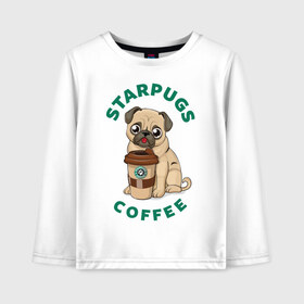 Детский лонгслив хлопок с принтом Starpugs в Санкт-Петербурге, 100% хлопок | круглый вырез горловины, полуприлегающий силуэт, длина до линии бедер | animal | art | coffee | dog | pug | puppy | арт | животное | кофе | мопс | собака | щенок