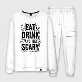 Мужской костюм хлопок с принтом Eat Drink and be Scary в Санкт-Петербурге, 100% хлопок | на свитшоте круглая горловина, мягкая резинка по низу. Брюки заужены к низу, на них два вида карманов: два “обычных” по бокам и два объемных, с клапанами, расположенные ниже линии бедра. Брюки с мягкой трикотажной резинкой на поясе и по низу штанин. В поясе для дополнительного комфорта — широкие завязки | Тематика изображения на принте: 31 октября | halloween | halowen | ведьма | день всех святых | джек | костюм | кровь | лого | монстр | надпись | праздник | приведение | призрак | светильник | символ | страшная | тыква | ужасы | хеллоуин | хеллуин