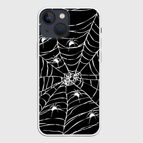 Чехол для iPhone 13 mini с принтом Паутина с пауками в Санкт-Петербурге,  |  | Тематика изображения на принте: black and white | darkness | halloween | horror | night | spider | web | готика | жуки | жуткий | мальчикам | насекомые | нечисть | нити | ночные | ночь | пауки | паутина | подарок | сетка | страшный | темный | тьма | хеллоуин | хоррор