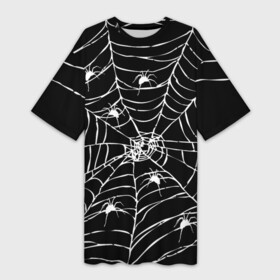 Платье-футболка 3D с принтом Паутина с пауками в Санкт-Петербурге,  |  | black and white | darkness | halloween | horror | night | spider | web | готика | жуки | жуткий | мальчикам | насекомые | нечисть | нити | ночные | ночь | пауки | паутина | подарок | сетка | страшный | темный | тьма | хеллоуин | хоррор