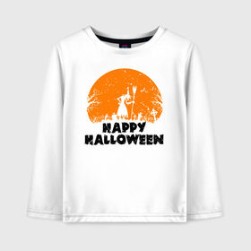 Детский лонгслив хлопок с принтом Happy Halloween в Санкт-Петербурге, 100% хлопок | круглый вырез горловины, полуприлегающий силуэт, длина до линии бедер | Тематика изображения на принте: 31 октября | halloween | halowen | ведьма | день всех святых | джек | костюм | кровь | лого | монстр | надпись | праздник | приведение | призрак | светильник | символ | страшная | тыква | ужасы | хеллоуин | хеллуин