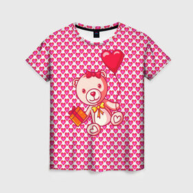 Женская футболка 3D с принтом Медвежонок сюрприз в Санкт-Петербурге, 100% полиэфир ( синтетическое хлопкоподобное полотно) | прямой крой, круглый вырез горловины, длина до линии бедер | baby | bear | love is | teddy | valentines | бабочка | бантик | валентина | влюбленный | воздушный шарик | девочка | игрушка | лучшая мама | любимая жена | люблю | любовь | малыш | марта | медведь | медвежата | милый