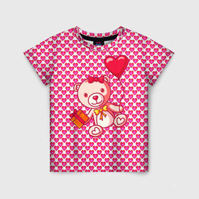 Детская футболка 3D с принтом Медвежонок сюрприз в Санкт-Петербурге, 100% гипоаллергенный полиэфир | прямой крой, круглый вырез горловины, длина до линии бедер, чуть спущенное плечо, ткань немного тянется | baby | bear | love is | teddy | valentines | бабочка | бантик | валентина | влюбленный | воздушный шарик | девочка | игрушка | лучшая мама | любимая жена | люблю | любовь | малыш | марта | медведь | медвежата | милый