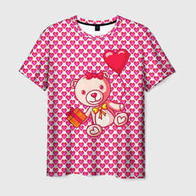Мужская футболка 3D с принтом Медвежонок сюрприз в Санкт-Петербурге, 100% полиэфир | прямой крой, круглый вырез горловины, длина до линии бедер | baby | bear | love is | teddy | valentines | бабочка | бантик | валентина | влюбленный | воздушный шарик | девочка | игрушка | лучшая мама | любимая жена | люблю | любовь | малыш | марта | медведь | медвежата | милый