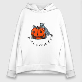 Женское худи Oversize хлопок с принтом Bat and pumpkin-still life в Санкт-Петербурге, френч-терри — 70% хлопок, 30% полиэстер. Мягкий теплый начес внутри —100% хлопок | боковые карманы, эластичные манжеты и нижняя кромка, капюшон на магнитной кнопке | Тематика изображения на принте: helloween | день всех святых | летучая мышь | тыква | хеллуин