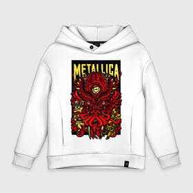 Детское худи Oversize хлопок с принтом Metallica в Санкт-Петербурге, френч-терри — 70% хлопок, 30% полиэстер. Мягкий теплый начес внутри —100% хлопок | боковые карманы, эластичные манжеты и нижняя кромка, капюшон на магнитной кнопке | fangs | group | horns | metallica | neon | octopus | thrash metal | группа | клыки | неон | рога | спрут | трэш металл