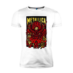 Мужская футболка хлопок Slim с принтом Metallica в Санкт-Петербурге, 92% хлопок, 8% лайкра | приталенный силуэт, круглый вырез ворота, длина до линии бедра, короткий рукав | fangs | group | horns | metallica | neon | octopus | thrash metal | группа | клыки | неон | рога | спрут | трэш металл