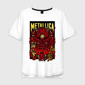 Мужская футболка хлопок Oversize с принтом Metallica в Санкт-Петербурге, 100% хлопок | свободный крой, круглый ворот, “спинка” длиннее передней части | fangs | group | horns | metallica | neon | octopus | thrash metal | группа | клыки | неон | рога | спрут | трэш металл