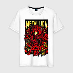 Мужская футболка хлопок с принтом Metallica в Санкт-Петербурге, 100% хлопок | прямой крой, круглый вырез горловины, длина до линии бедер, слегка спущенное плечо. | fangs | group | horns | metallica | neon | octopus | thrash metal | группа | клыки | неон | рога | спрут | трэш металл