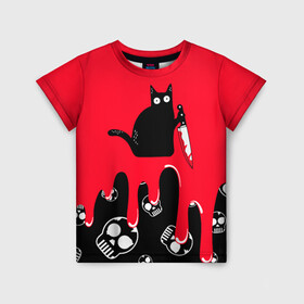 Детская футболка 3D с принтом WHAT CAT в Санкт-Петербурге, 100% гипоаллергенный полиэфир | прямой крой, круглый вырез горловины, длина до линии бедер, чуть спущенное плечо, ткань немного тянется | Тематика изображения на принте: art | black | black cat | cat | dark | dark cat | halloween | what | what cat | what mem | арт | кот | кот арт | кот мем | мем | нож | праздник | прикол | прикольный кот | убица | хэллоуин | чёрный | чёрный кот | что | что мем