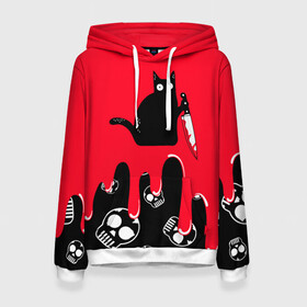 Женская толстовка 3D с принтом WHAT CAT в Санкт-Петербурге, 100% полиэстер  | двухслойный капюшон со шнурком для регулировки, мягкие манжеты на рукавах и по низу толстовки, спереди карман-кенгуру с мягким внутренним слоем. | art | black | black cat | cat | dark | dark cat | halloween | what | what cat | what mem | арт | кот | кот арт | кот мем | мем | нож | праздник | прикол | прикольный кот | убица | хэллоуин | чёрный | чёрный кот | что | что мем