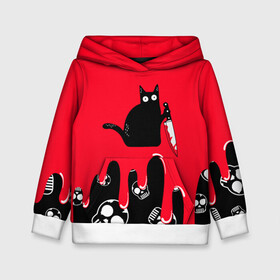 Детская толстовка 3D с принтом WHAT CAT в Санкт-Петербурге, 100% полиэстер | двухслойный капюшон со шнурком для регулировки, мягкие манжеты на рукавах и по низу толстовки, спереди карман-кенгуру с мягким внутренним слоем | art | black | black cat | cat | dark | dark cat | halloween | what | what cat | what mem | арт | кот | кот арт | кот мем | мем | нож | праздник | прикол | прикольный кот | убица | хэллоуин | чёрный | чёрный кот | что | что мем