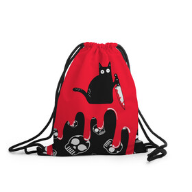 Рюкзак-мешок 3D с принтом WHAT CAT в Санкт-Петербурге, 100% полиэстер | плотность ткани — 200 г/м2, размер — 35 х 45 см; лямки — толстые шнурки, застежка на шнуровке, без карманов и подкладки | art | black | black cat | cat | dark | dark cat | halloween | what | what cat | what mem | арт | кот | кот арт | кот мем | мем | нож | праздник | прикол | прикольный кот | убица | хэллоуин | чёрный | чёрный кот | что | что мем