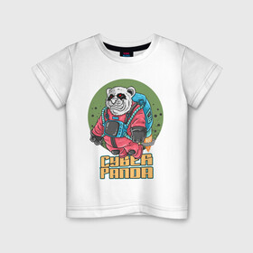Детская футболка хлопок с принтом Кибер Панда в Санкт-Петербурге, 100% хлопок | круглый вырез горловины, полуприлегающий силуэт, длина до линии бедер | art | bear | costume | cyber | drawing | jetpack | panda | planet | арт | кибер | костюм | медведь | панда | планета | реактивный ранец | рисунок