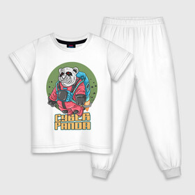 Детская пижама хлопок с принтом Кибер Панда в Санкт-Петербурге, 100% хлопок |  брюки и футболка прямого кроя, без карманов, на брюках мягкая резинка на поясе и по низу штанин
 | art | bear | costume | cyber | drawing | jetpack | panda | planet | арт | кибер | костюм | медведь | панда | планета | реактивный ранец | рисунок