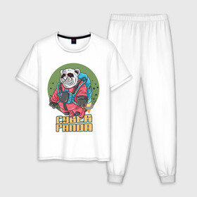 Мужская пижама хлопок с принтом Кибер Панда в Санкт-Петербурге, 100% хлопок | брюки и футболка прямого кроя, без карманов, на брюках мягкая резинка на поясе и по низу штанин
 | art | bear | costume | cyber | drawing | jetpack | panda | planet | арт | кибер | костюм | медведь | панда | планета | реактивный ранец | рисунок