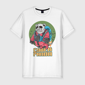 Мужская футболка хлопок Slim с принтом Кибер Панда в Санкт-Петербурге, 92% хлопок, 8% лайкра | приталенный силуэт, круглый вырез ворота, длина до линии бедра, короткий рукав | art | bear | costume | cyber | drawing | jetpack | panda | planet | арт | кибер | костюм | медведь | панда | планета | реактивный ранец | рисунок