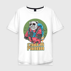 Мужская футболка хлопок Oversize с принтом Кибер Панда в Санкт-Петербурге, 100% хлопок | свободный крой, круглый ворот, “спинка” длиннее передней части | art | bear | costume | cyber | drawing | jetpack | panda | planet | арт | кибер | костюм | медведь | панда | планета | реактивный ранец | рисунок