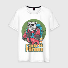 Мужская футболка хлопок с принтом Кибер Панда в Санкт-Петербурге, 100% хлопок | прямой крой, круглый вырез горловины, длина до линии бедер, слегка спущенное плечо. | art | bear | costume | cyber | drawing | jetpack | panda | planet | арт | кибер | костюм | медведь | панда | планета | реактивный ранец | рисунок